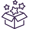 Icon of an open box with stars emerging on a white background
